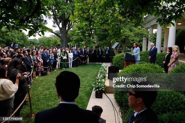 Vice President Kamala Harris delivers remarks while hosting a reception to celebrate Asian American, Native Hawaiian and Pacific Islander Heritage...