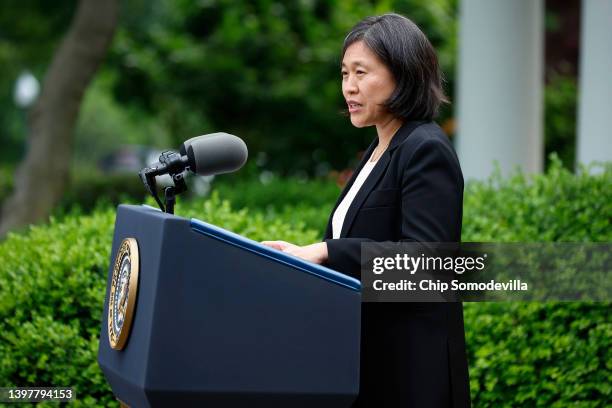 Trade Representative Katherine Tai delivers remarks during a reception to celebrate Asian American, Native Hawaiian and Pacific Islander Heritage...