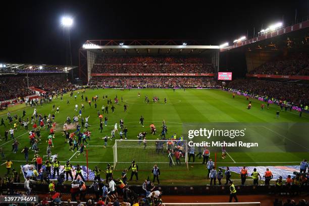 General view inside the stadium as fans of Nottingham Forest pitch invade following their side's victory in the Sky Bet Championship Play-Off Semi...