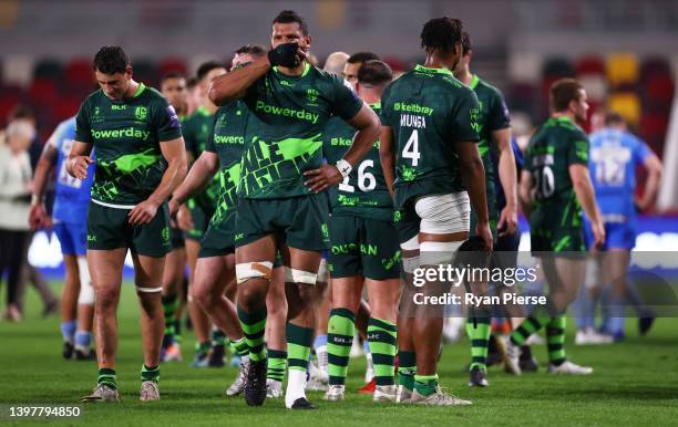 Steve Mafi of London Irish looks dejected following their side's defeat in the Premiership Rugby Cup Final between London Irish and Worcester...