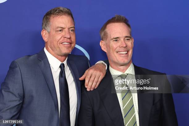 Troy Aikman and Joe Buck attend the 2022 ABC Disney Upfront at Basketball City - Pier 36 - South Street on May 17, 2022 in New York City.