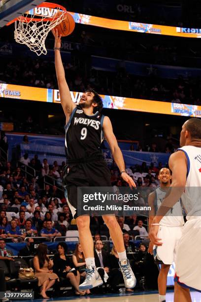 Ricky Rubio of the Minnesota Timberwolves and Team Shaq drives for a shot attempt during the BBVA Rising Stars Challenge part of the 2012 NBA...
