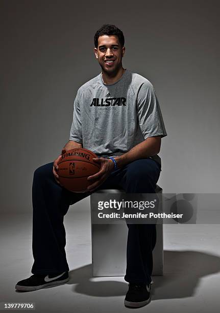 Landry Fields of the New York Knicks poses for portraits during the NBAE Circuit as part of 2012 All-Star Weekend at the Hilton Orlando Hotel on...