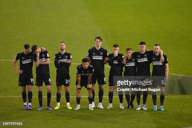 Sheffield United look dejected as the lose the penalty shoot out during the Sky Bet Championship Play-Off Semi Final 1st Leg match between Nottingham...