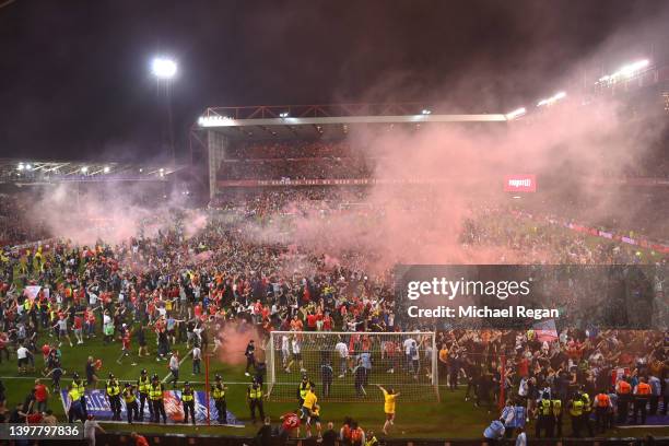 Notts Forest fans invade the pitch after winning the the Sky Bet Championship Play-Off Semi Final 1st Leg match between Nottingham Forest and...