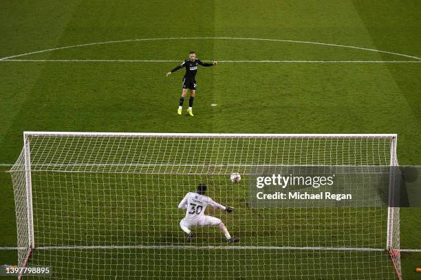 Conor Hourihane of Sheffield United sees his penalty saved by Brice Samba of Notts Forest during the penalty shoot out during the Sky Bet...