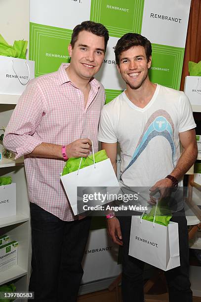 Actor Austin Stowell and producer Jordan Foley poses with Rembrandt at Kari Feinstein's Oscars Style Lounge at Mondrian Los Angeles on February 24,...