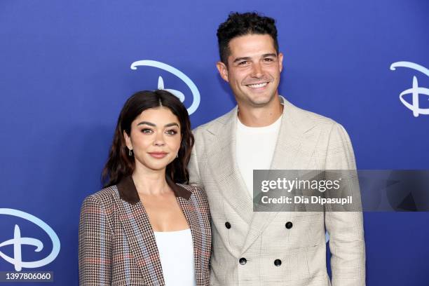 Sarah Hyland and Wells Adams attend the 2022 ABC Disney Upfront at Basketball City - Pier 36 - South Street on May 17, 2022 in New York City.