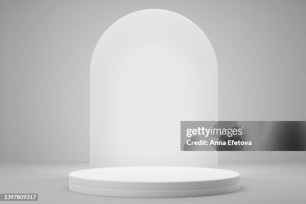 white round podium with white translucent back on gray background. empty space to showcase your innovation product. three dimensional illustration - construction platform ストックフォトと画像