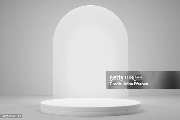 white round podium with white translucent back on gray background. empty space to showcase your innovation product. three dimensional illustration - product podium stock pictures, royalty-free photos & images