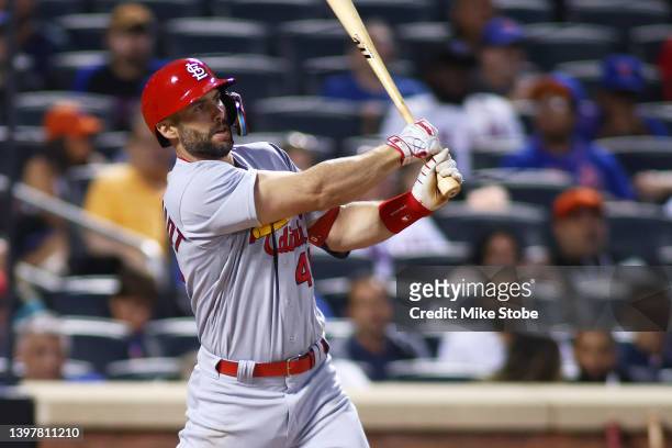 Paul Goldschmidt of the St. Louis Cardinals hits a RBI double in the fifth inning against the New York Mets during game two of a doubleheader at Citi...