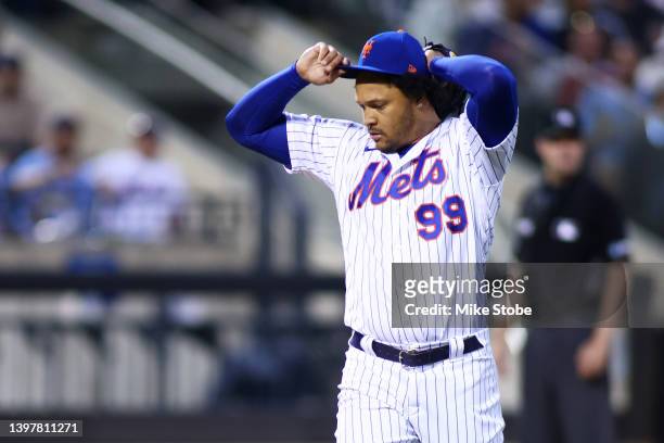 Taijuan Walker of the New York Mets reacts in the fifth inning against the St. Louis Cardinals during game two of the doubleheader at Citi Field on...