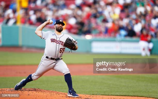 Starting pitcher Jose Urquidy of the Houston Astros pitches in the bottom first inning of the game against the Boston Red Sox at Fenway Park on May...