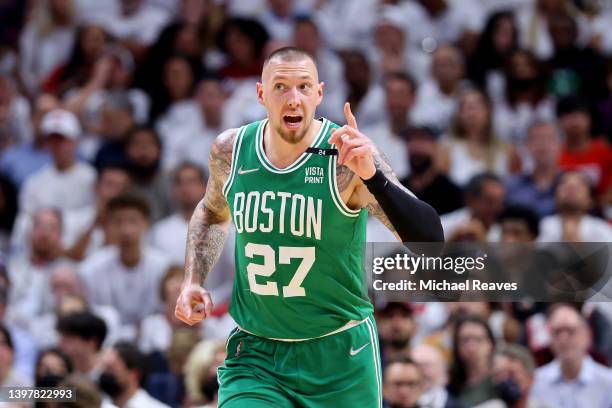 Daniel Theis of the Boston Celtics celebrates a basket against the Miami Heat during the second quarter in Game One of the 2022 NBA Playoffs Eastern...