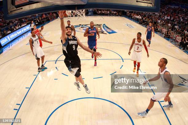 Ricky Rubio of the Minnesota Timberwolves and Team Shaq drives for a shot attempt during the BBVA Rising Stars Challenge part of the 2012 NBA...