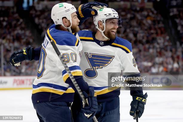 Ryan O'Reilly of the St Louis Blues is congratulated by David Perron after scoring a goal against the Colorado Avalanche during Game One of the...