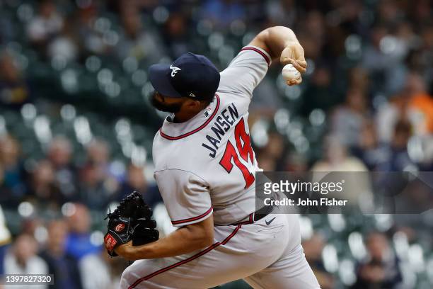 Kenley Jansen of the Atlanta Braves throws a pitch in the ninth inning against the Milwaukee Brewers at American Family Field on May 17, 2022 in...