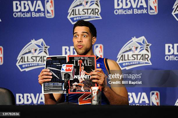 Landry Fields of Team Shaq fields questions during a press conference following the BBVA Rising Stars Challenge as part of 2012 All-Star Weekend at...