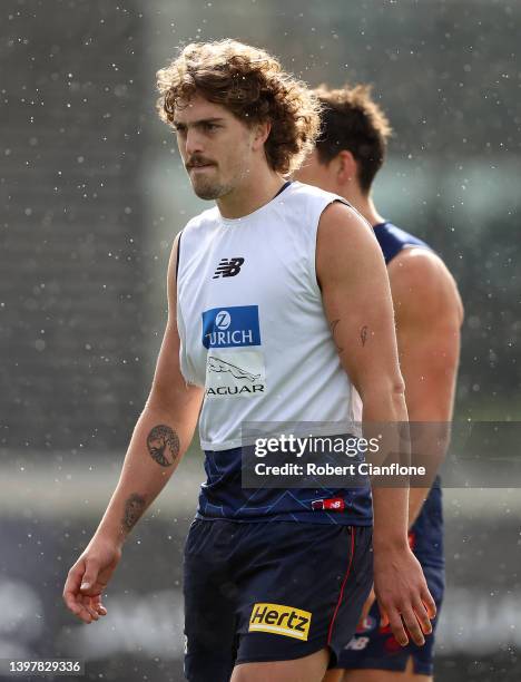 Luke Jackson of the Demons looks on during a Narrm / Melbourne Demons AFL training session at Casey Fields on May 18, 2022 in Melbourne, Australia.