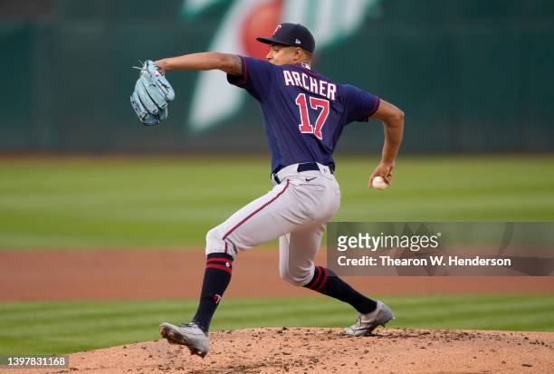 Chris Archer of the Minnesota Twins pitches against the Oakland Athletics in the bottom of the first inning at RingCentral Coliseum on May 16, 2022...