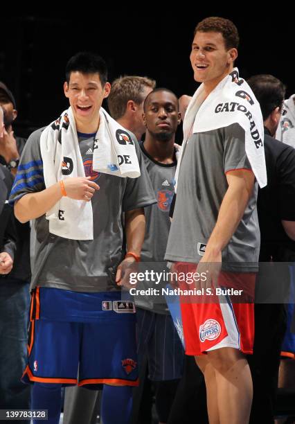 Jeremy Lin and Blake Griffin of Team Shaq during the BBVA Rising Stars Challenge as part of 2012 All-Star Weekend at the Amway Center on February 24,...