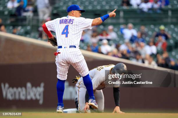 Ildemaro Vargas of the Chicago Cubs reacts after tagging Bryan Reynolds of the Pittsburgh Pirates out at second at Wrigley Field on May 17, 2022 in...