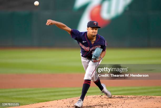 Chris Archer of the Minnesota Twins pitches against the Oakland Athletics in the bottom of the first inning at RingCentral Coliseum on May 16, 2022...