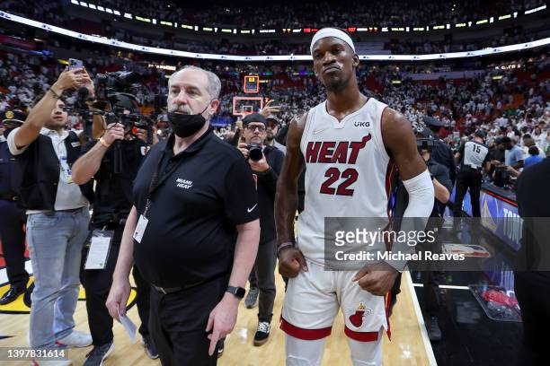 Jimmy Butler of the Miami Heat celebrates after defeating the Boston Celtics in Game One of the 2022 NBA Playoffs Eastern Conference Finals at FTX...