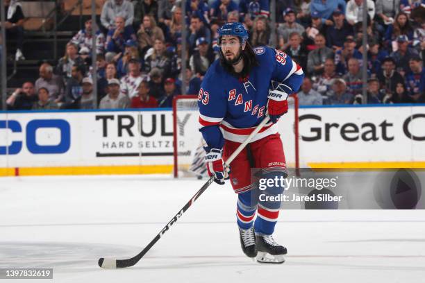 Mika Zibanejad of the New York Rangers skates against the Pittsburgh Penguins in Game Seven of the First Round of the 2022 Stanley Cup Playoffs at...