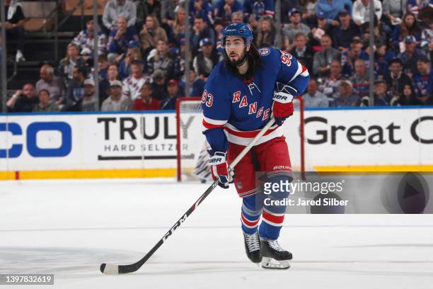 Mika Zibanejad of the New York Rangers skates against the Pittsburgh Penguins in Game Seven of the First Round of the 2022 Stanley Cup Playoffs at...