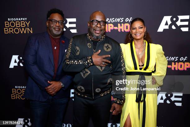 Kevin Swain, Alicia Etheredge and Bobby Brown attend A&E's "Biography: Bobby Brown" and "Origins Of Hip Hop" New York Premiere on May 17, 2022 in New...