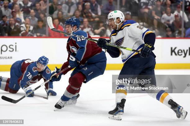 Jordan Kyrou of the St Louis Blues scores a goal against the Colorado Avalanche in the third period during Game One of the Second Round of the 2022...