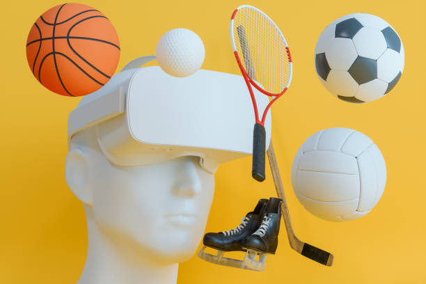 human head model wearing vr glasses and watching sports competition. sports equipment and balls flying on yellow background. - artificial intelligence football stock pictures, royalty-free photos & images