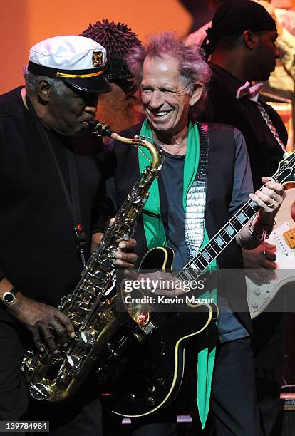 Eddie Shaw and Keith Richards perform on stage during Howlin For Hubert: A Concert to Benefit the Jazz Foundation of America at The Apollo Theater on...