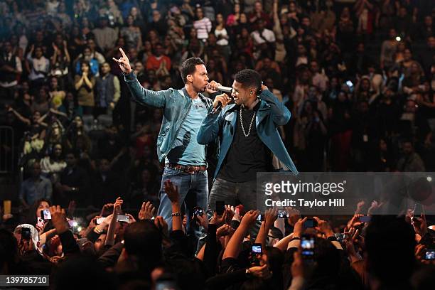 Romeo Santos and Usher perform at Madison Square Garden on February 24, 2012 in New York City.