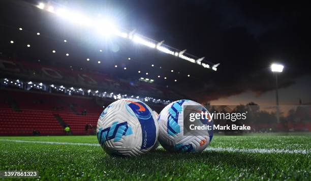 Practice balls before start of the A-League Mens 1st Leg Semi Final match between Adelaide United and Melbourne City at Coopers Stadium, on May 18 in...