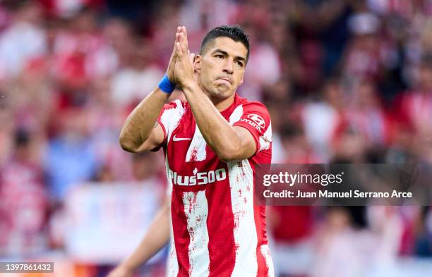 Luis Suarez of Club Atletico de Madrid reacts during the LaLiga Santander match between Club Atletico de Madrid and Sevilla FC at Estadio Wanda...