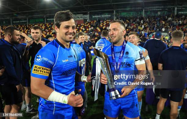 Perry Humphreys and Francois Venter of Worcester Warriors celebrate after their victory during the Premiership Rugby Cup Final between London Irish...