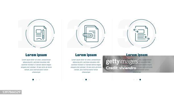 triple icon pack of document line set - three step process stock illustrations