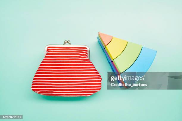 piece of pie chart made of colorful toy blocks and red wallet on turquoise background - multi colored purse stock pictures, royalty-free photos & images