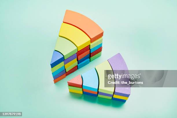 piece of pie chart made of colorful toy blocks on turquoise background - building block infographic stock pictures, royalty-free photos & images