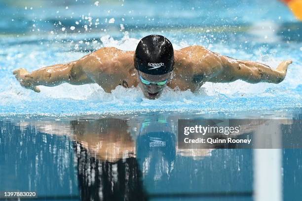 Cody Simpson of Australia competes in the Mens 100 Metre Butterfly Final during day one of the 2022 Australian Swimming Championships at SA Aquatic &...