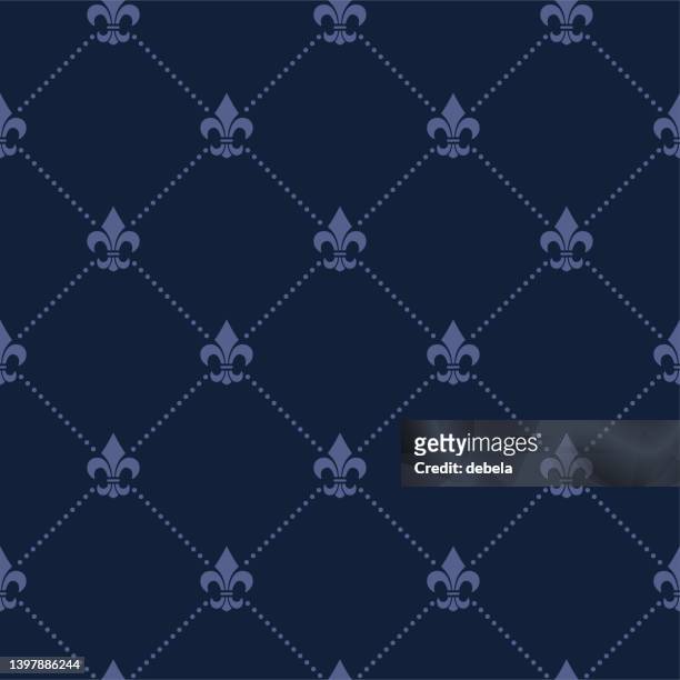 fleur de lis navy blue french damask luxury decorative fabric pattern with dotted lines - fleur de lis flower stock illustrations