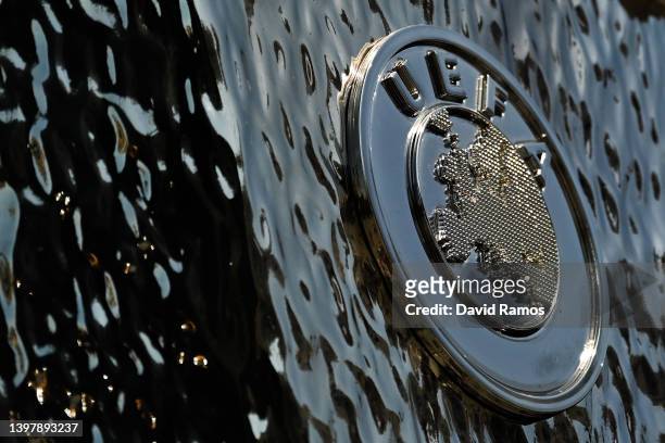 Logo sits on display on a UEFA Europa League replica trophy ahead of the UEFA Europa League final match between Eintracht Frankfurt and Rangers FC at...