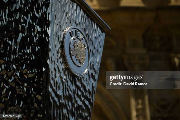 Logo sits on display on a UEFA Europa League replica trophy ahead of the UEFA Europa League final match between Eintracht Frankfurt and Rangers FC at...