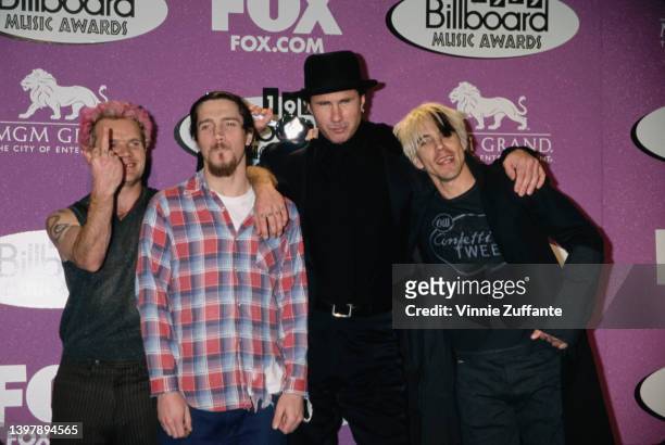 American rock band the Red Hot Chili Peppers in the press room of the 10th Annual Billboard Music Awards, held at the MGM Grand Hotel & Casino in Las...