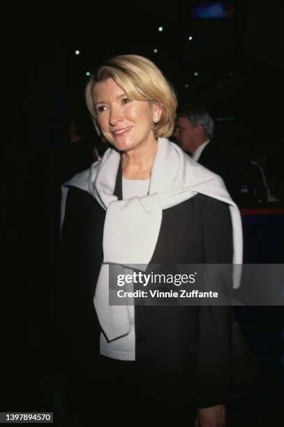 American television personality and businesswoman Martha Stewart, a white sweater draped over her shoulders, attends the 36th National Association of...