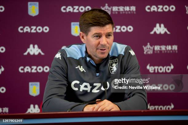 Steven Gerrard head coach of Aston Villa talks to the press during a press conference at Bodymoor Heath training ground on May 18, 2022 in...