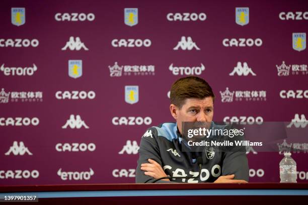 Steven Gerrard head coach of Aston Villa talks to the press during a press conference at Bodymoor Heath training ground on May 18, 2022 in...