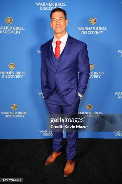 John Cena, Wipeout on TBS and Peacemaker on HBO Max attends the Warner Bros. Discovery Upfront 2022 arrivals on the red carpet at The Theater at...
